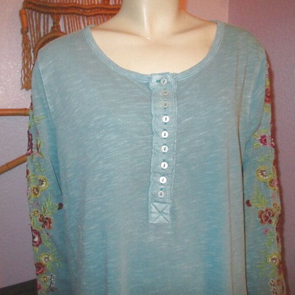 Sundance Embroidered Henley Top Size 1X Slub Knit Tunic Long Sleeves Boho - Picture 2 of 11